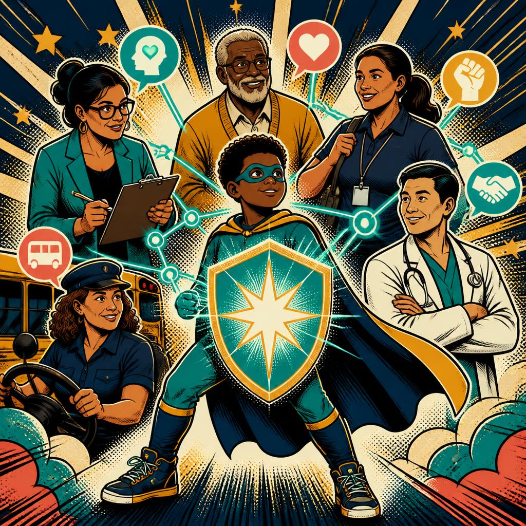 Comic-style illustration of a child superhero surrounded by a therapist, grandparent, school aide, bus driver, and clinician, all linked by glowing communication lines