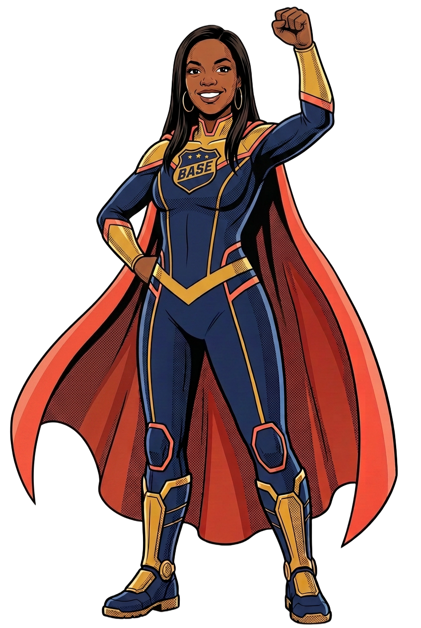 Rachell illustrated as a BASE comic-book superhero, fist raised