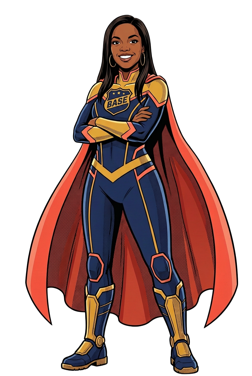 Rachell illustrated as a comic-book superhero