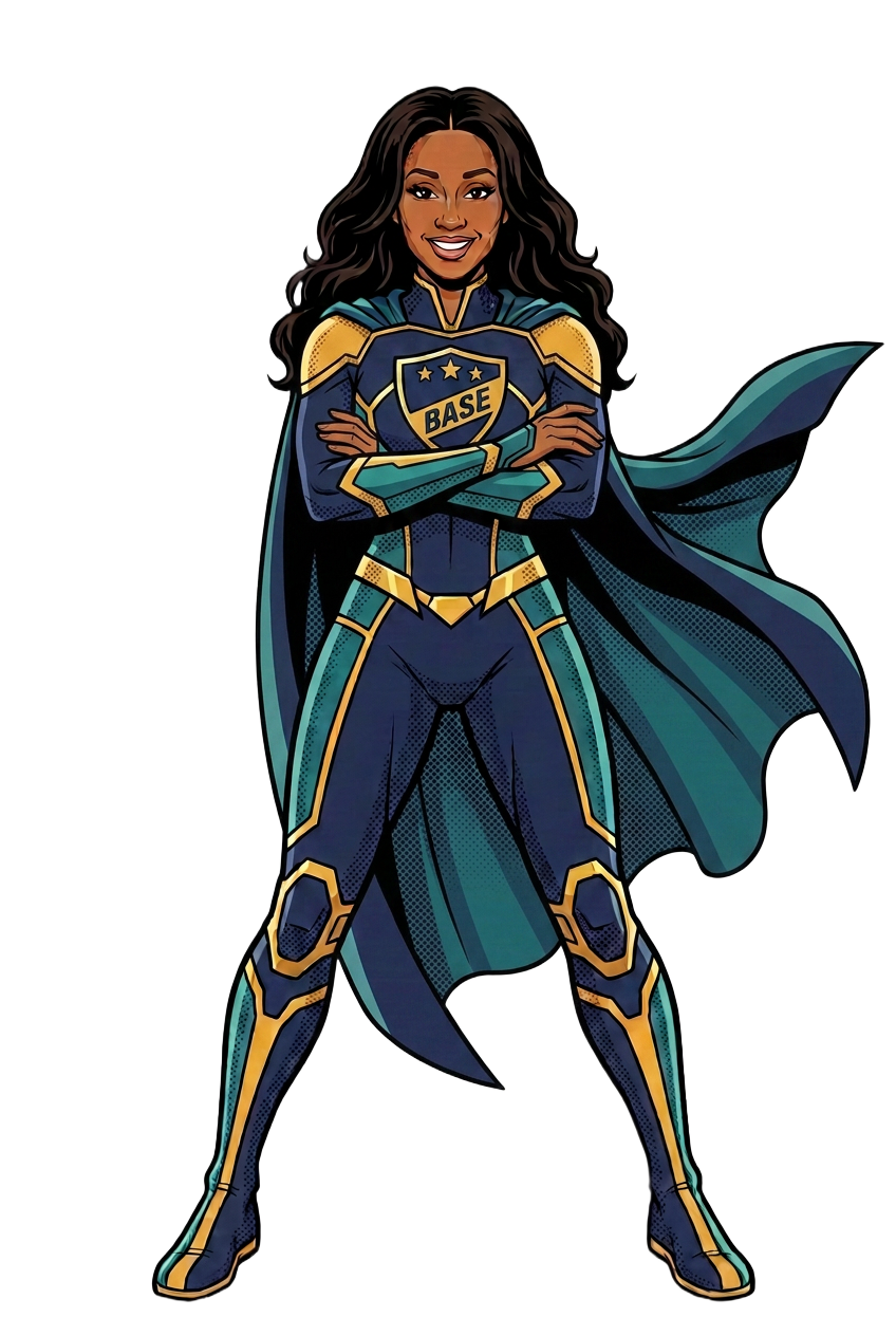 Shanaé, BASE co-founder and autism parent, illustrated as a comic-book superhero in the BASE navy and gold suit
