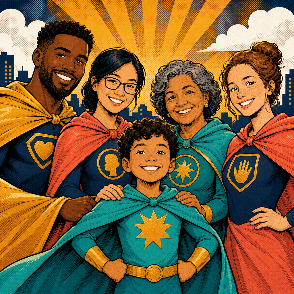 A diverse superhero squad: a child hero in a teal cape surrounded by caregiver heroes of different ages, skin tones, and abilities.